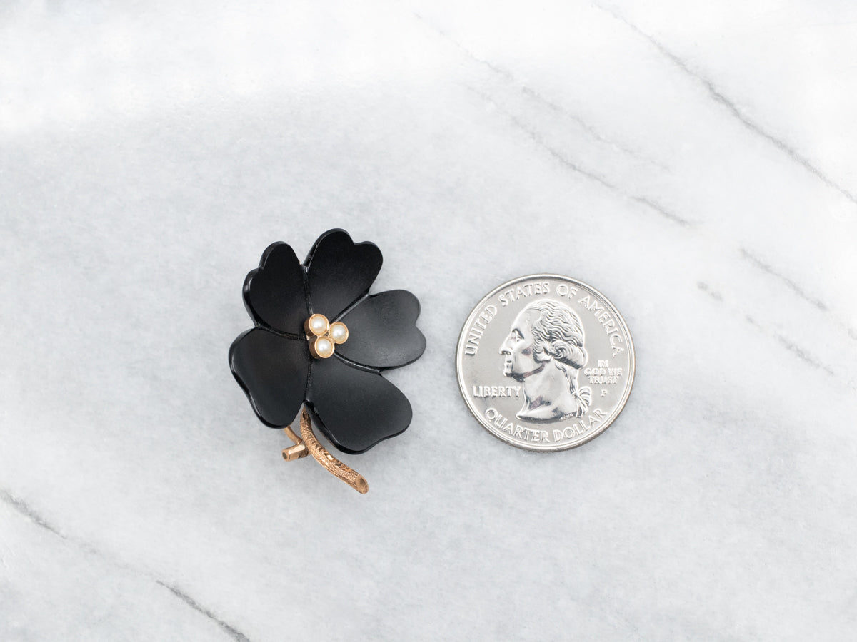 Black Onyx Flower Brooch with Pearl Accents