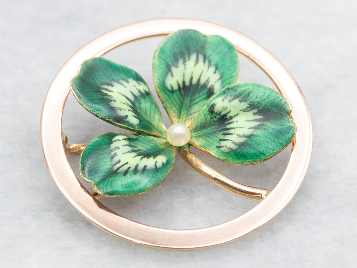 Enamel and Seed Pearl Four Leaf Clover Brooch