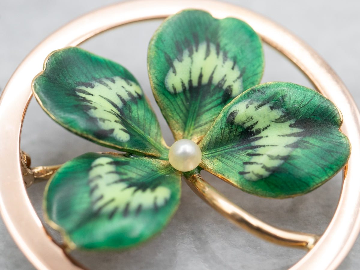 Enamel and Seed Pearl Four Leaf Clover Brooch