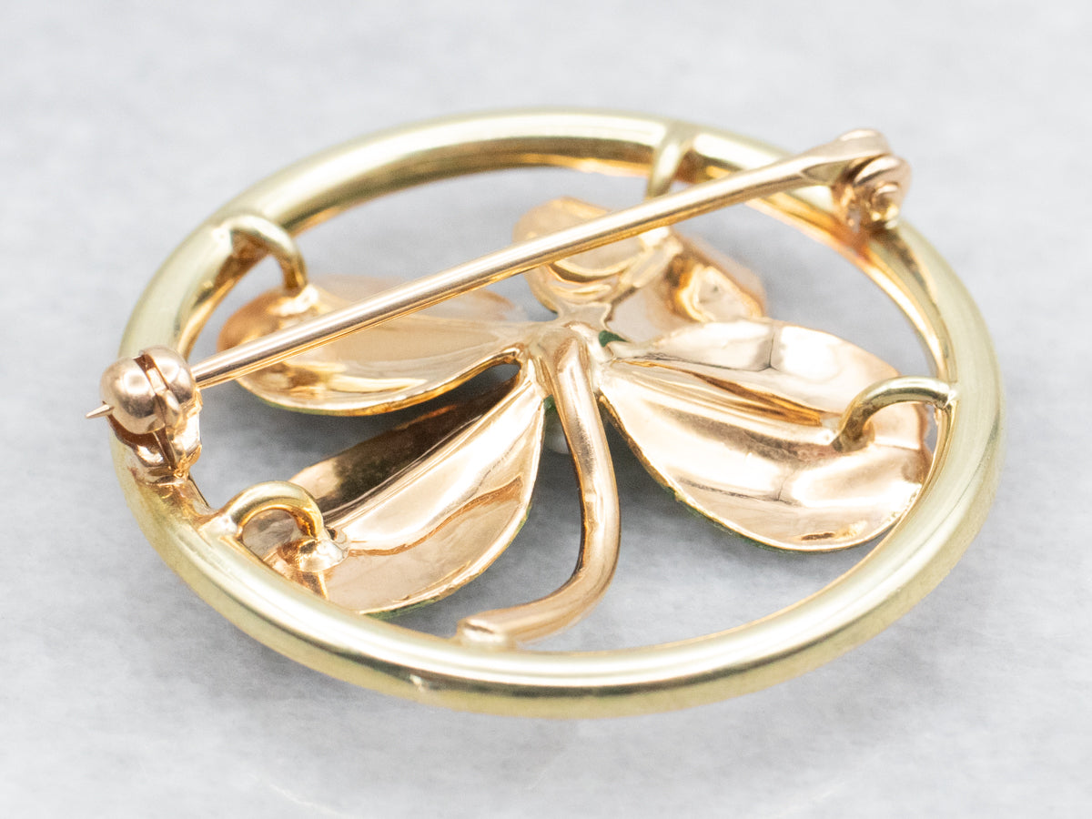 Enamel and Seed Pearl Four Leaf Clover Brooch