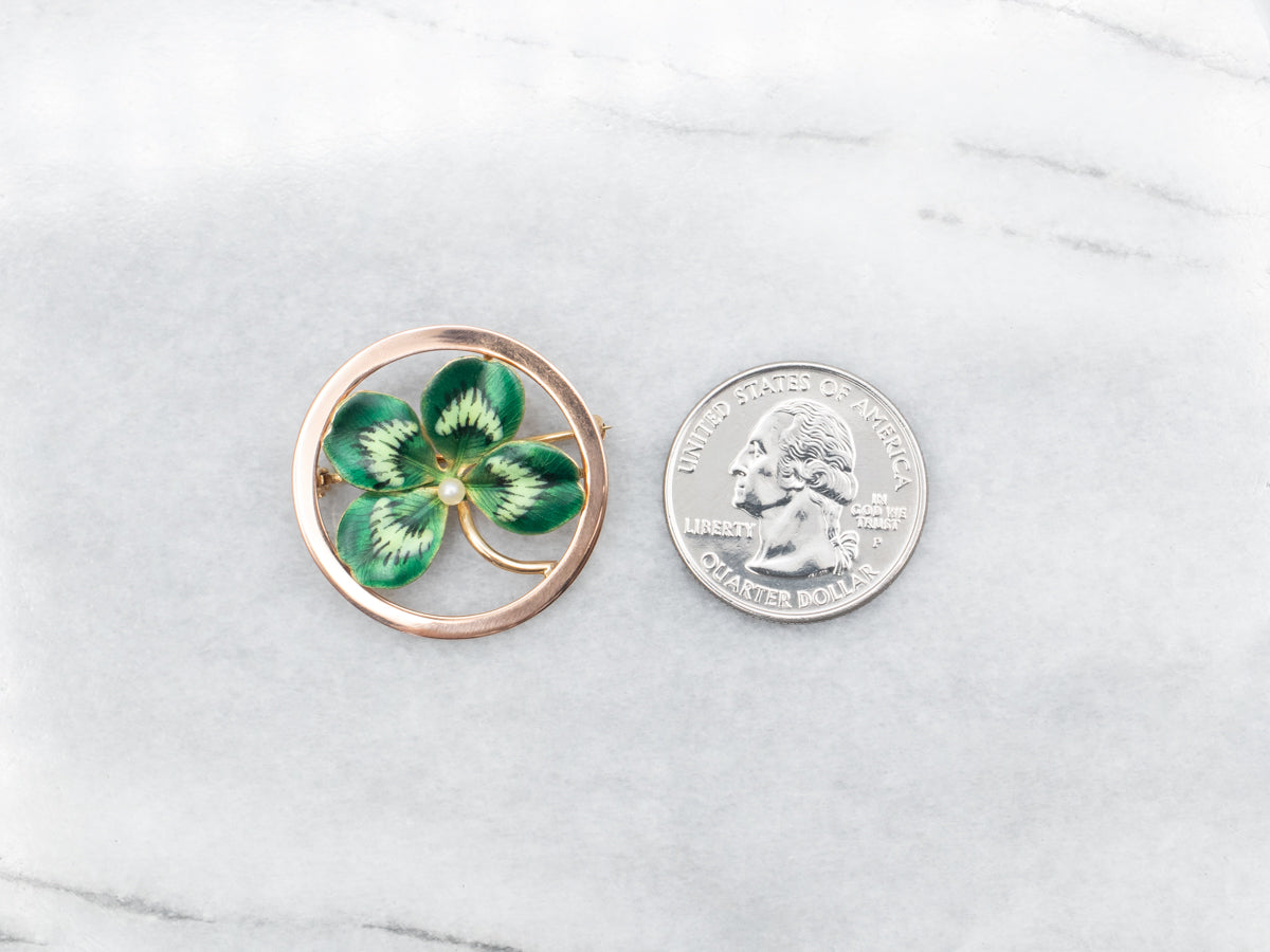 Enamel and Seed Pearl Four Leaf Clover Brooch