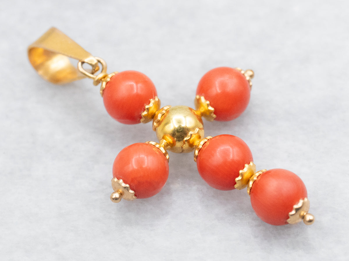 Coral Bead Cross Pendant