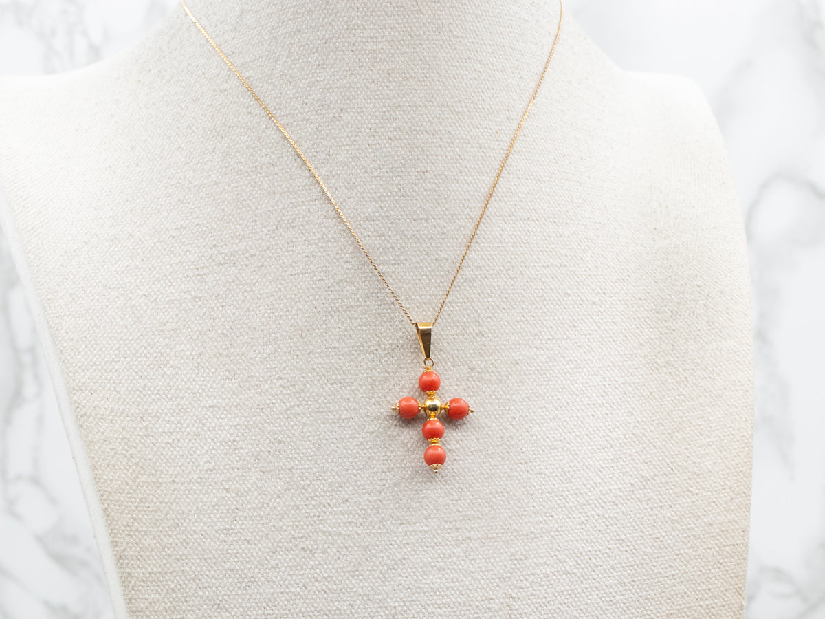 Coral Bead Cross Pendant