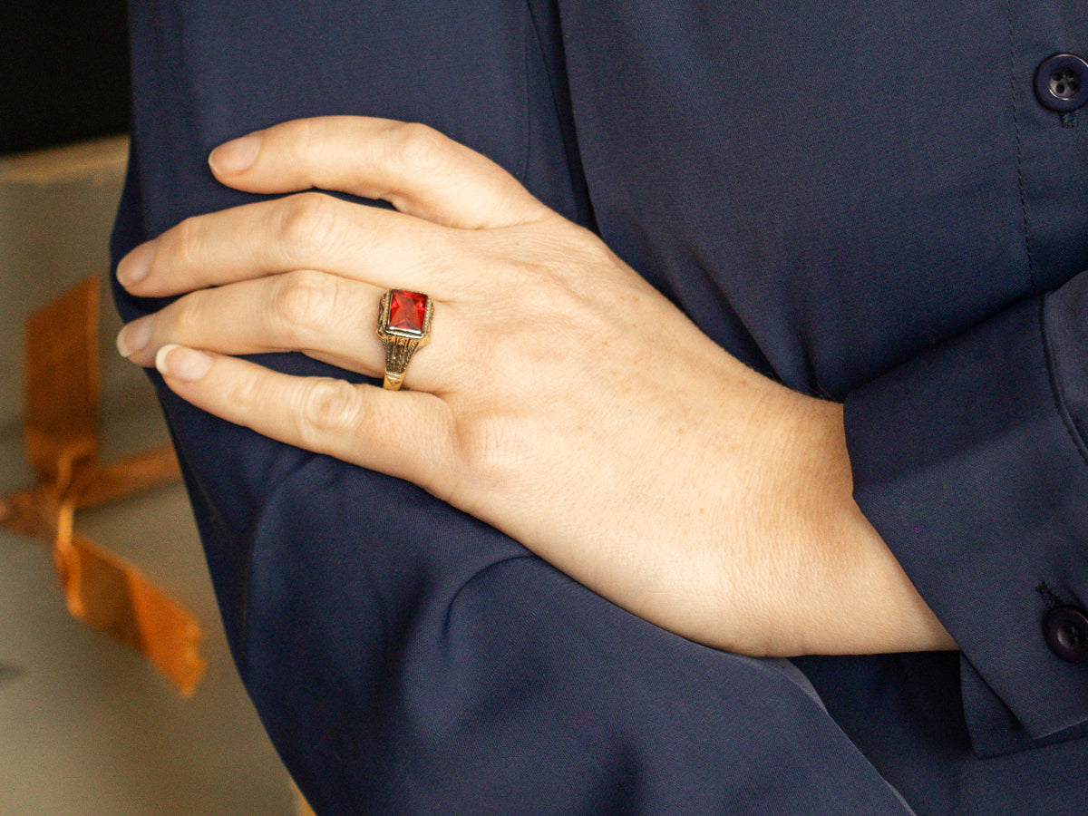 Art Deco Synthetic Ruby Men's Ring