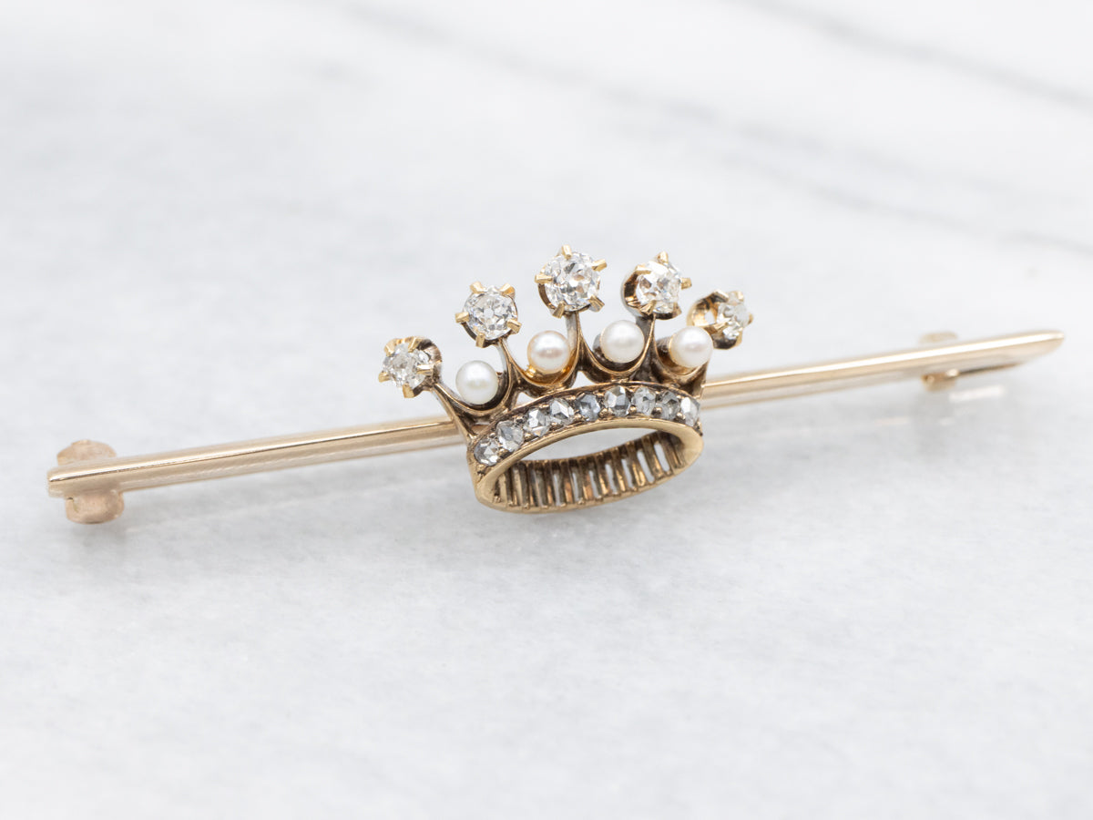 Old Mine Cut and Rose Cut Diamond and Seed Pearls Antique Crown Bar Pin