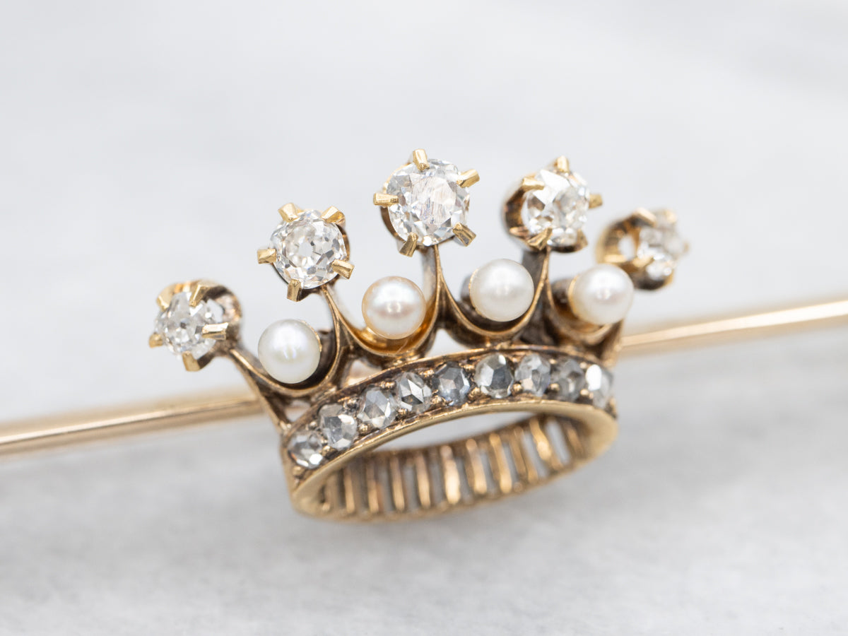 Old Mine Cut and Rose Cut Diamond and Seed Pearls Antique Crown Bar Pin