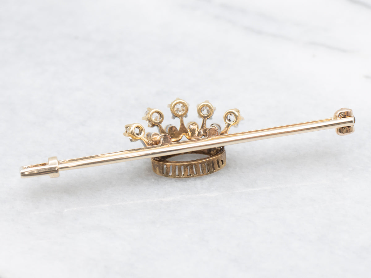 Old Mine Cut and Rose Cut Diamond and Seed Pearls Antique Crown Bar Pin