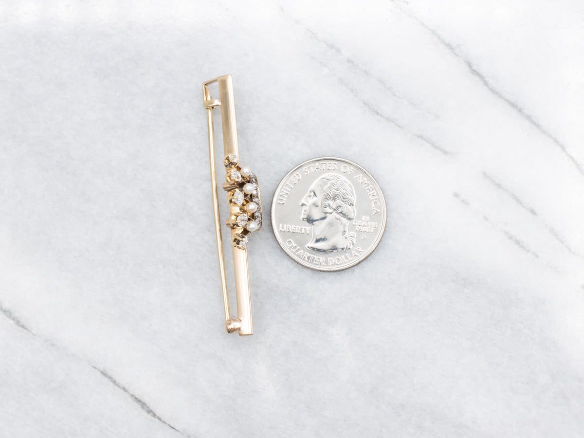 Old Mine Cut and Rose Cut Diamond and Seed Pearls Antique Crown Bar Pin