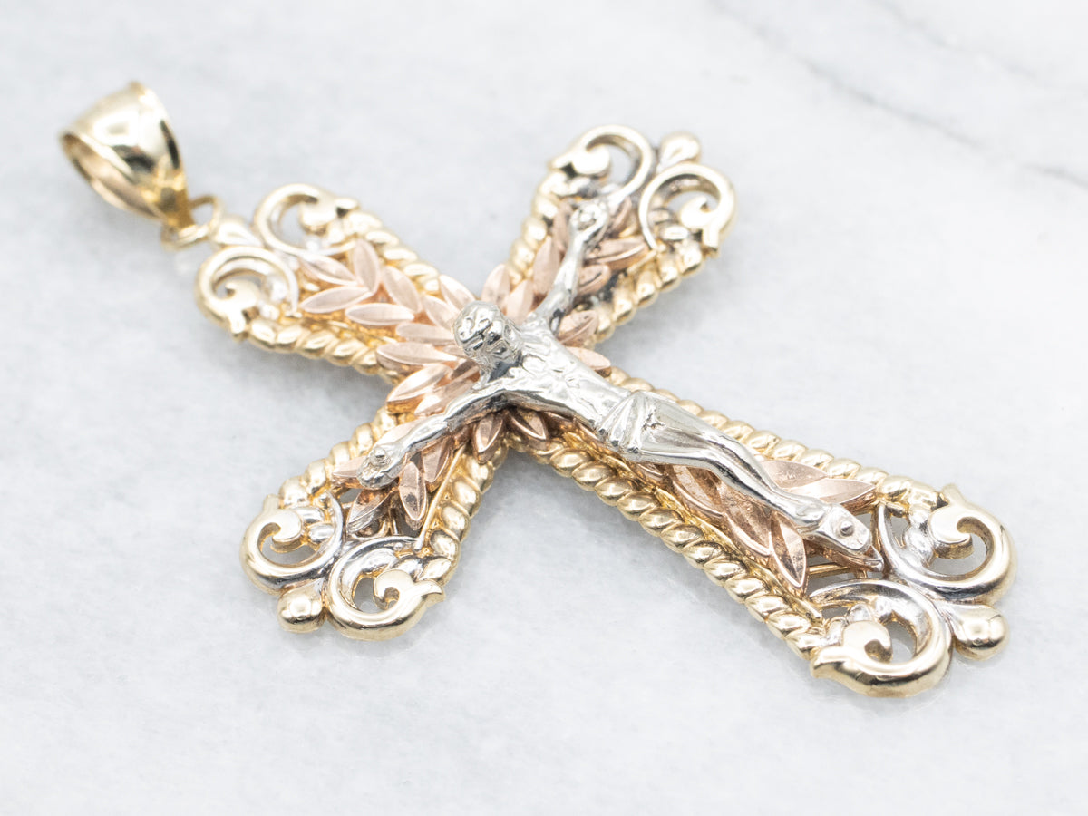 Ornate Tri Color Gold Crucifix Pendant
