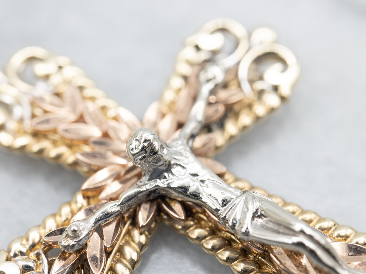Ornate Tri Color Gold Crucifix Pendant