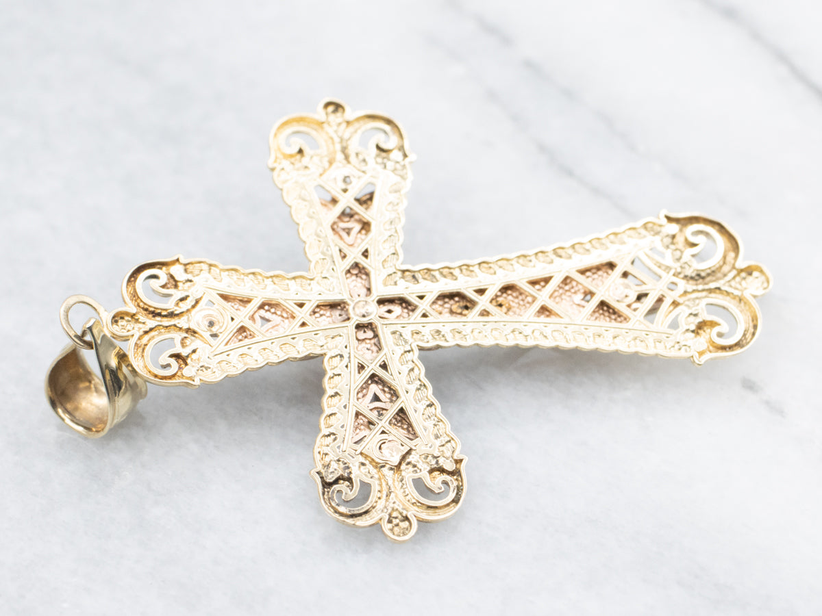 Ornate Tri Color Gold Crucifix Pendant