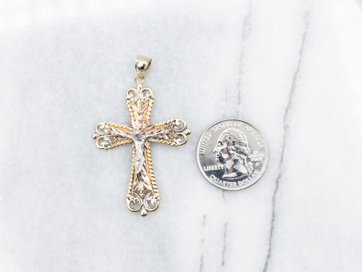 Ornate Tri Color Gold Crucifix Pendant