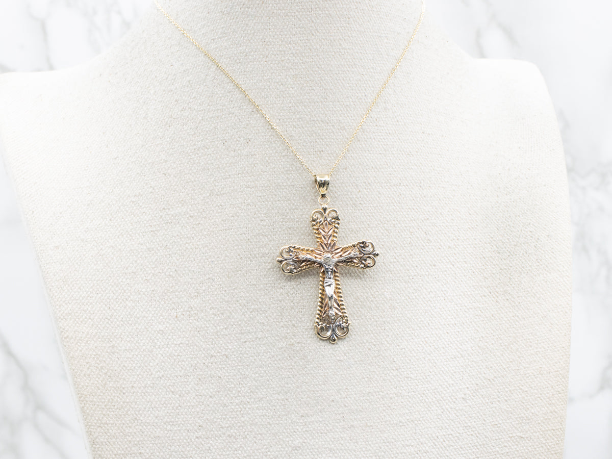 Ornate Tri Color Gold Crucifix Pendant