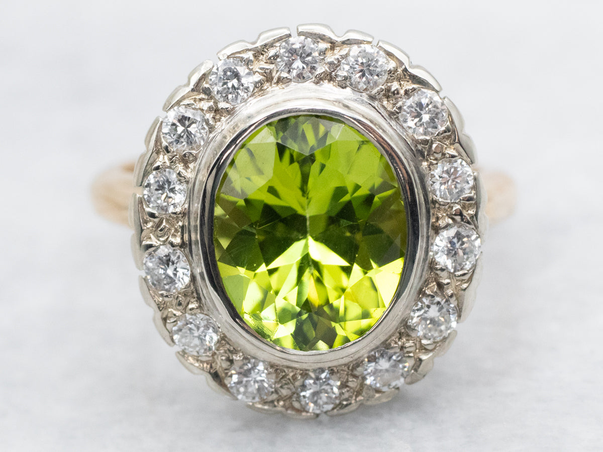Vintage Gold Peridot and Diamond Halo Ring