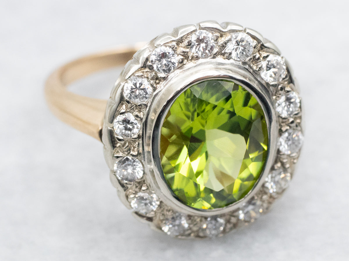 Vintage Gold Peridot and Diamond Halo Ring