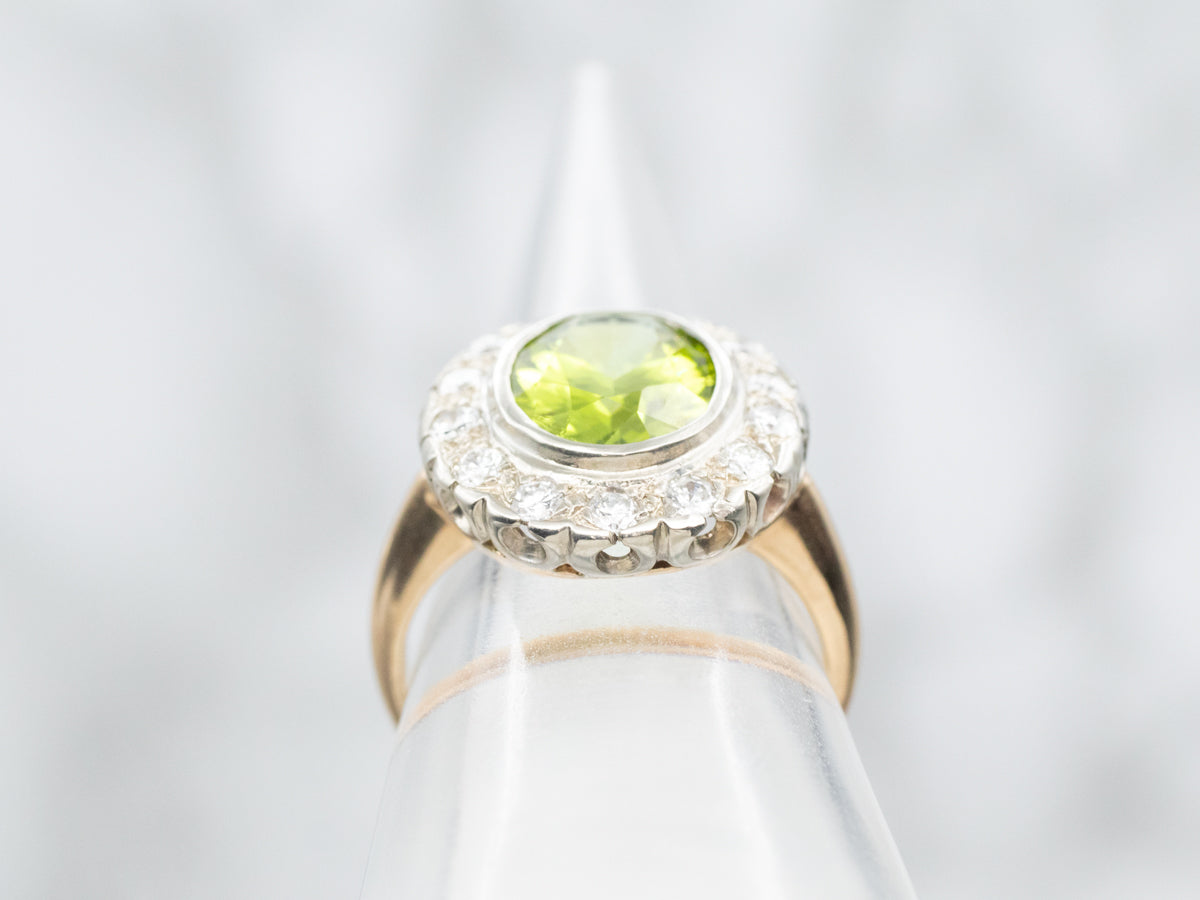 Vintage Gold Peridot and Diamond Halo Ring