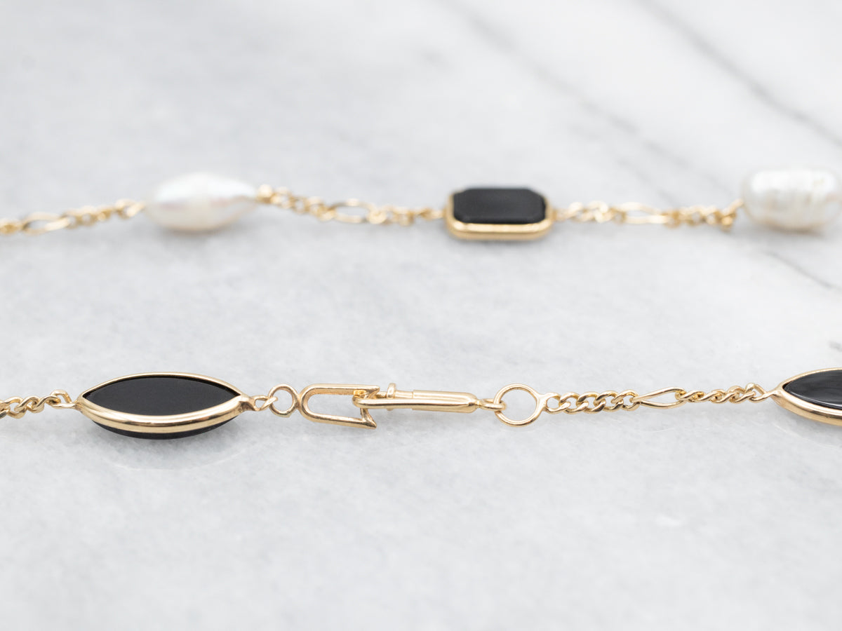 Black Onyx and Freshwater Pearl Station Necklace
