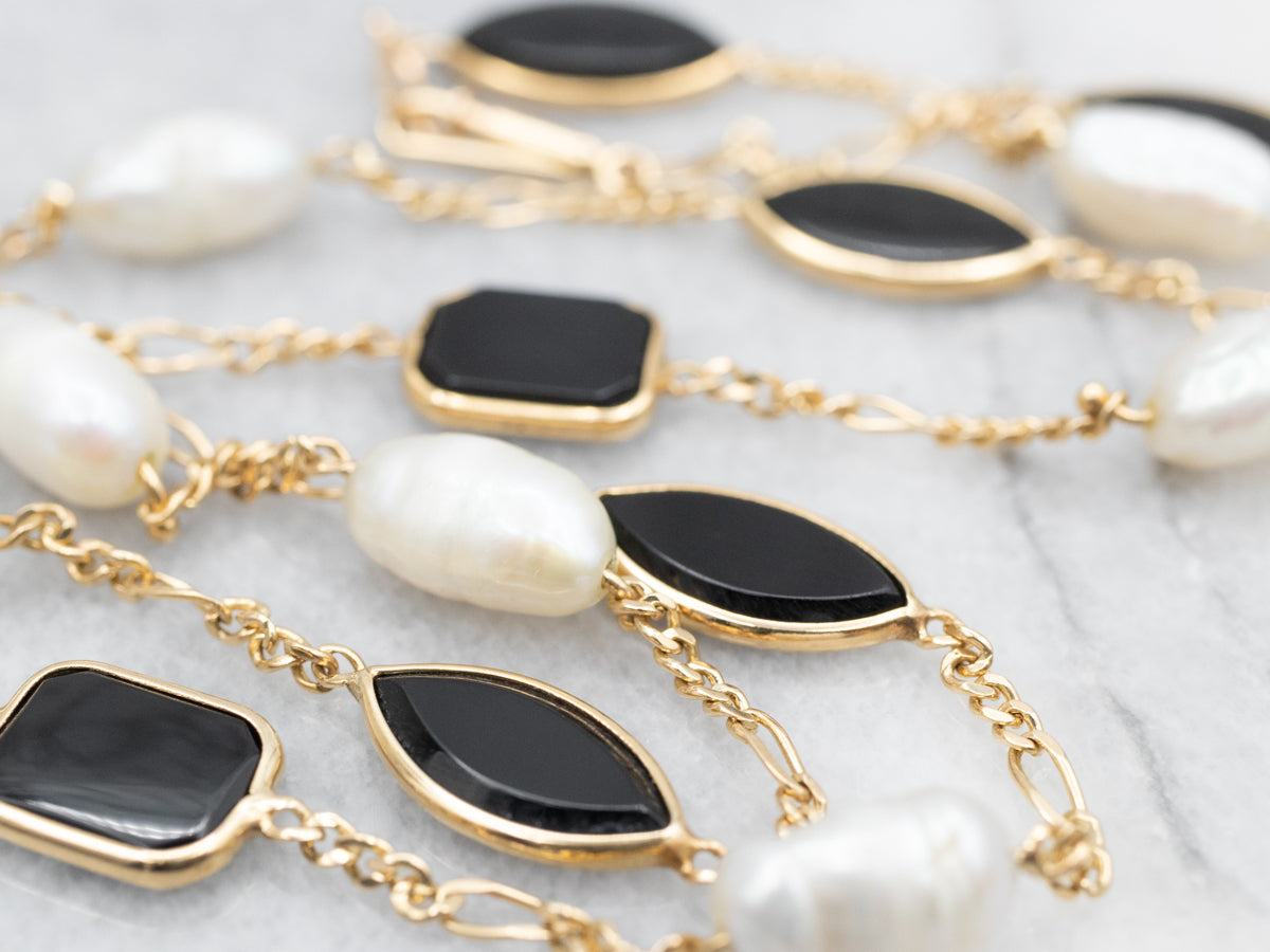 Black Onyx and Freshwater Pearl Station Necklace