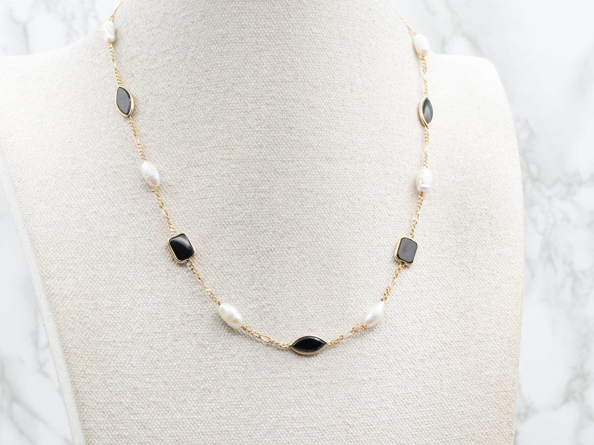 Black Onyx and Freshwater Pearl Station Necklace
