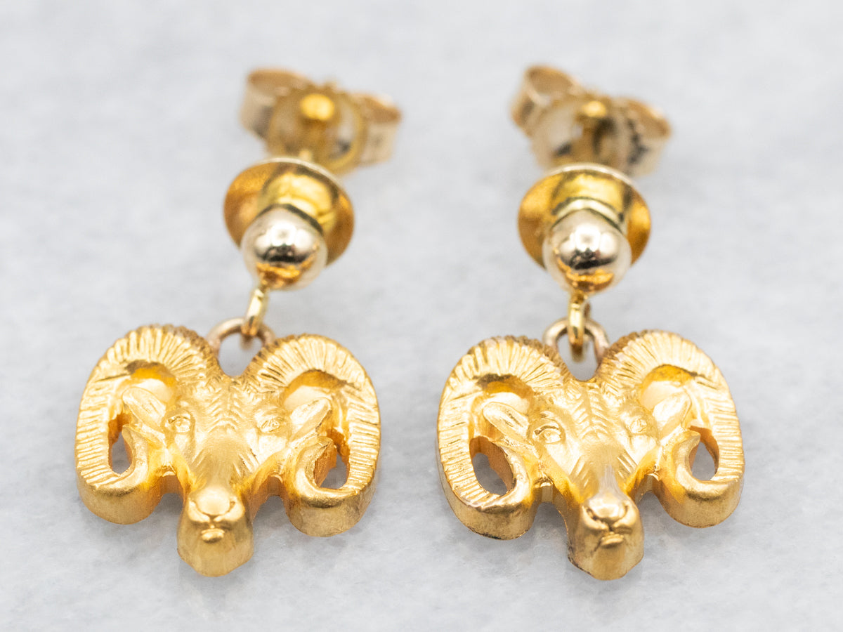 Polished Gold Ram Head Drop Earrings