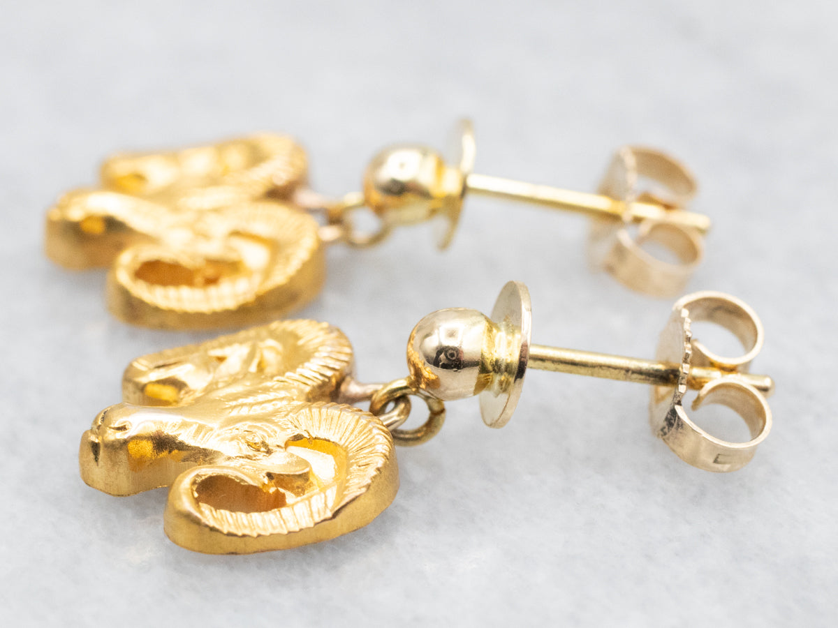 Polished Gold Ram Head Drop Earrings