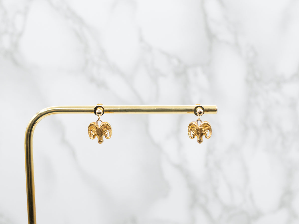Polished Gold Ram Head Drop Earrings