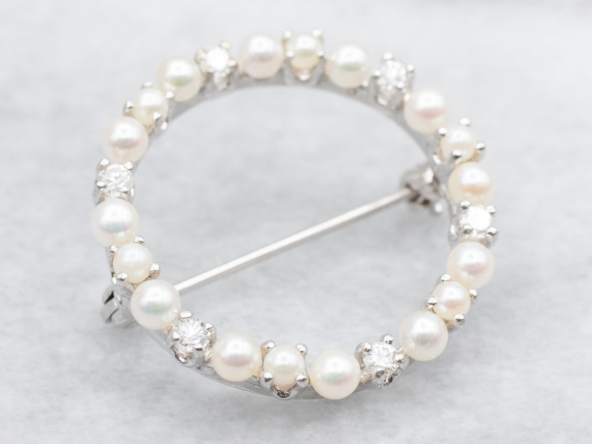 Elegant Vintage Saltwater Pearl and Diamond Circle Pin