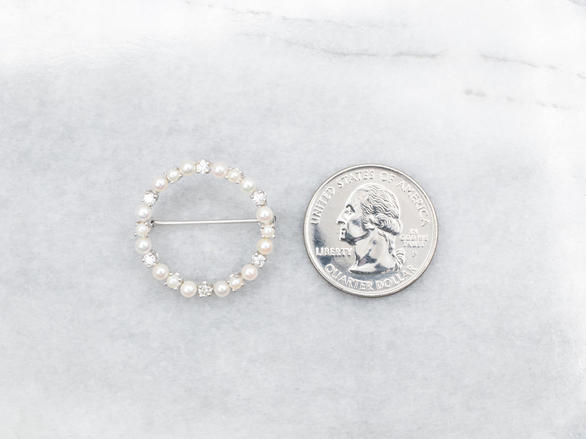 Elegant Vintage Saltwater Pearl and Diamond Circle Pin