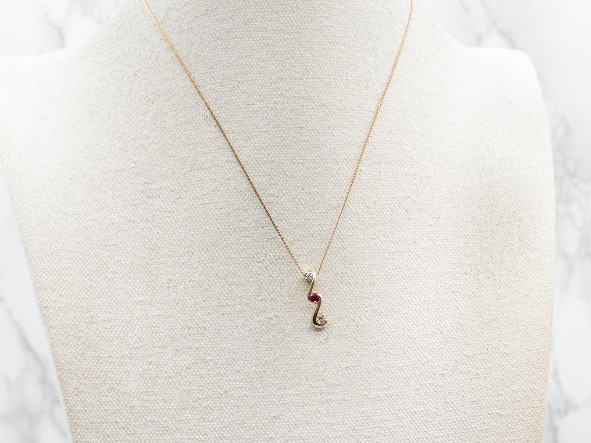 Scrolling Gold Ruby and Diamond Pendant
