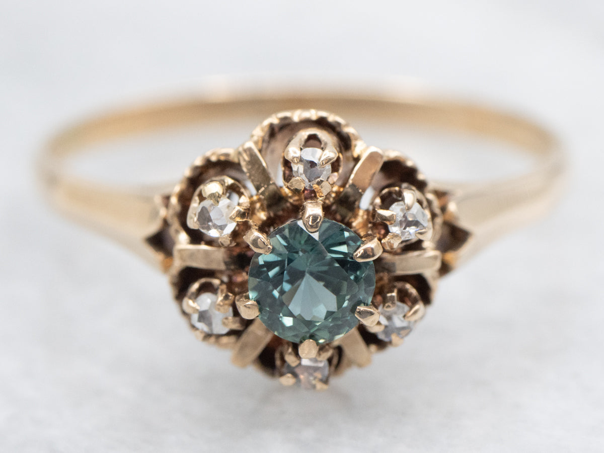 Antique Green Sapphire and Rose Cut Diamond Halo Ring