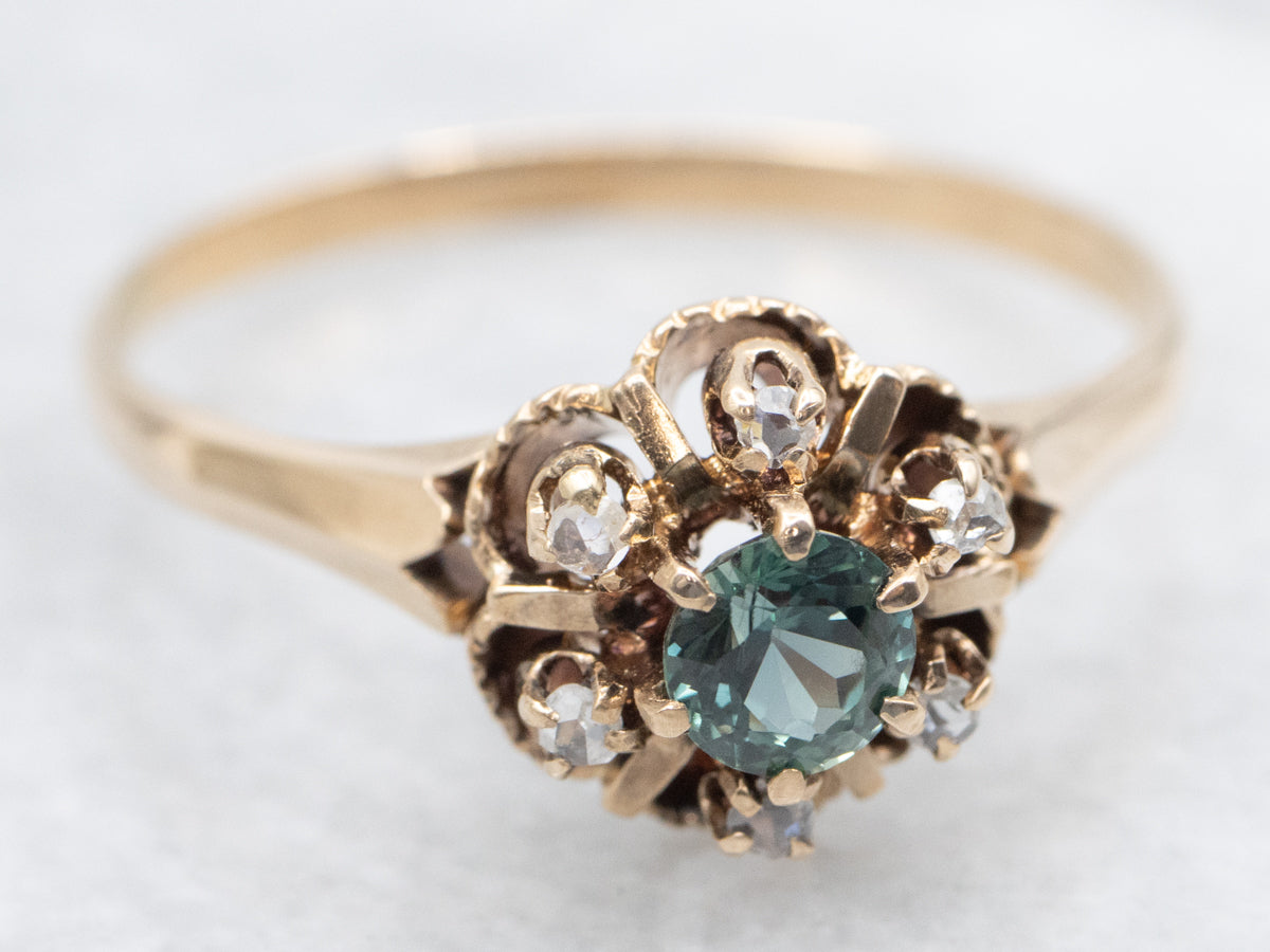 Antique Green Sapphire and Rose Cut Diamond Halo Ring