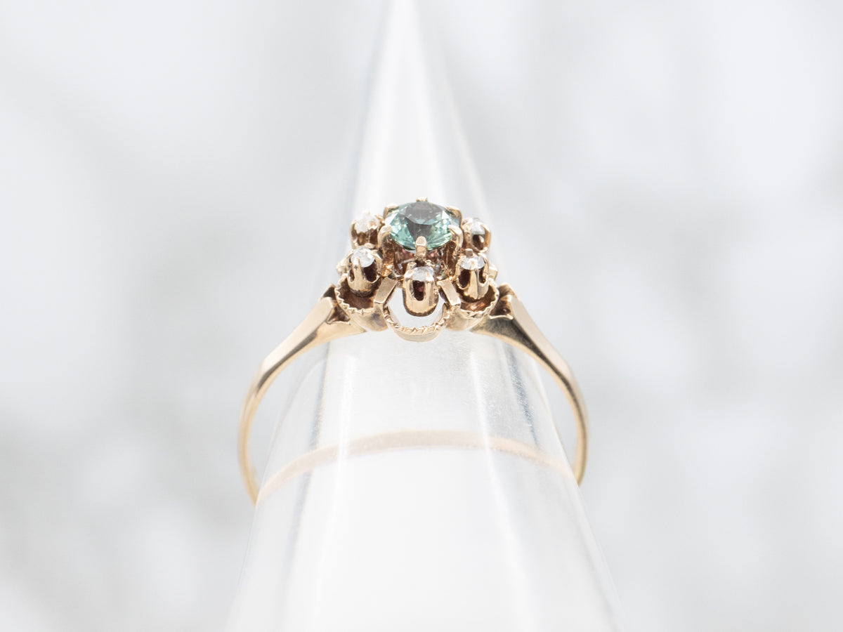 Antique Green Sapphire and Rose Cut Diamond Halo Ring