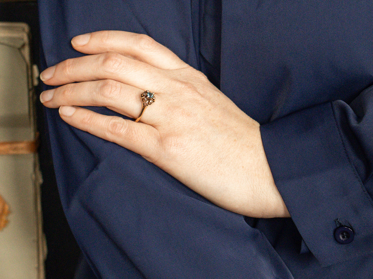 Antique Green Sapphire and Rose Cut Diamond Halo Ring