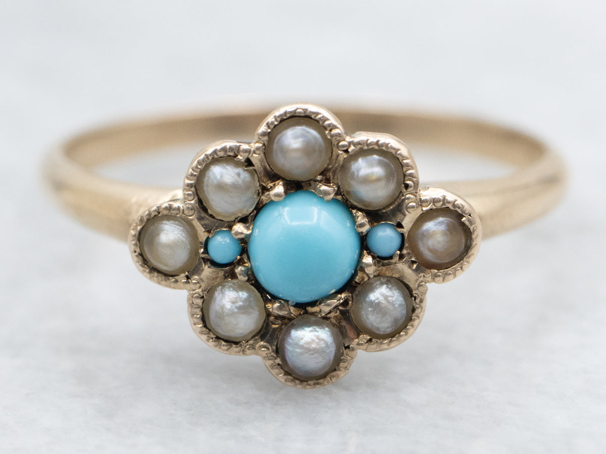 Victorian Turquoise Glass and Seed Pearl Halo Ring