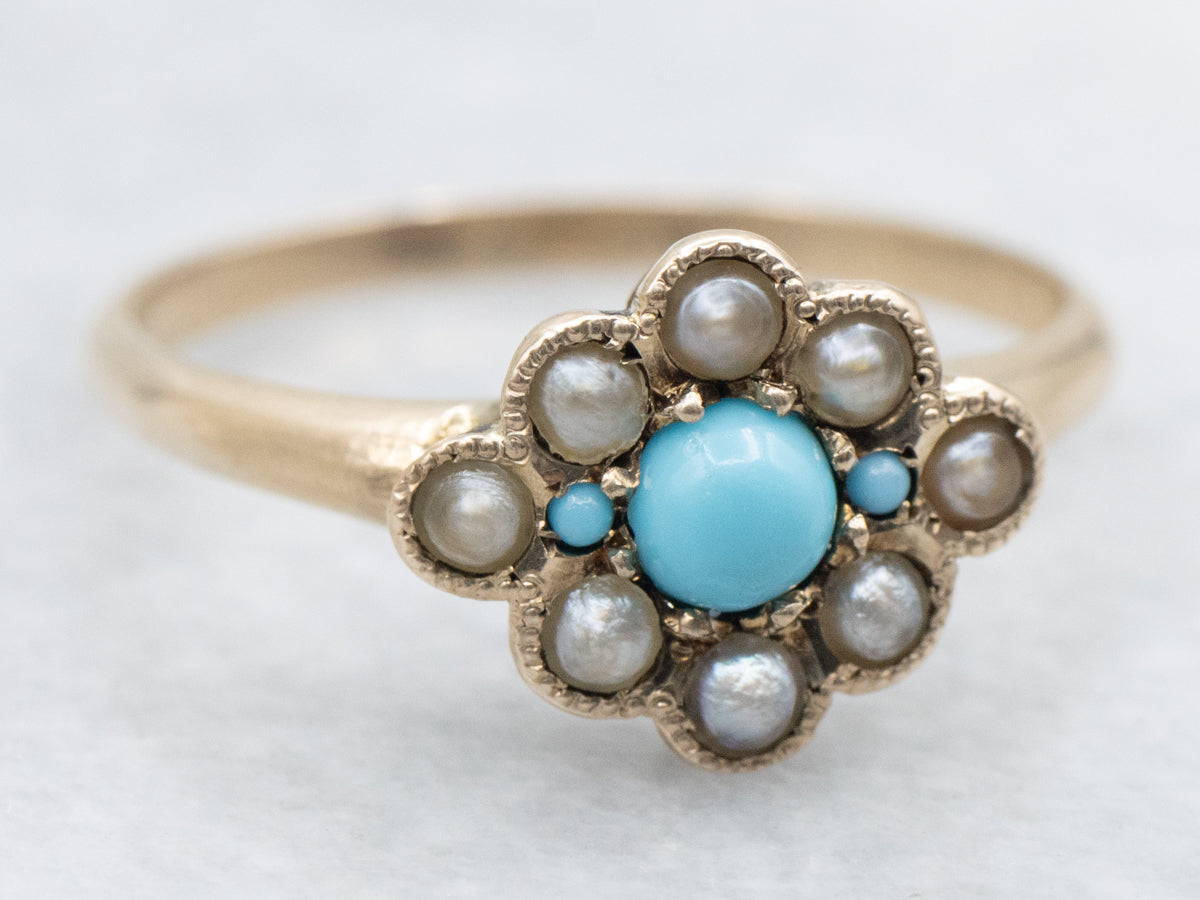 Victorian Turquoise Glass and Seed Pearl Halo Ring
