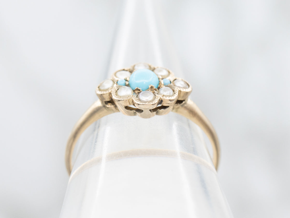 Victorian Turquoise Glass and Seed Pearl Halo Ring