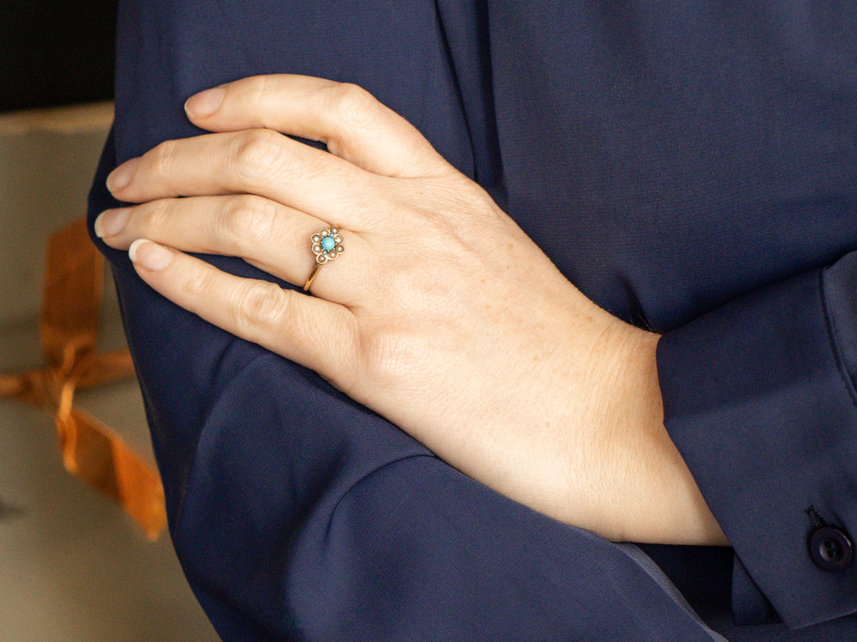Victorian Turquoise Glass and Seed Pearl Halo Ring