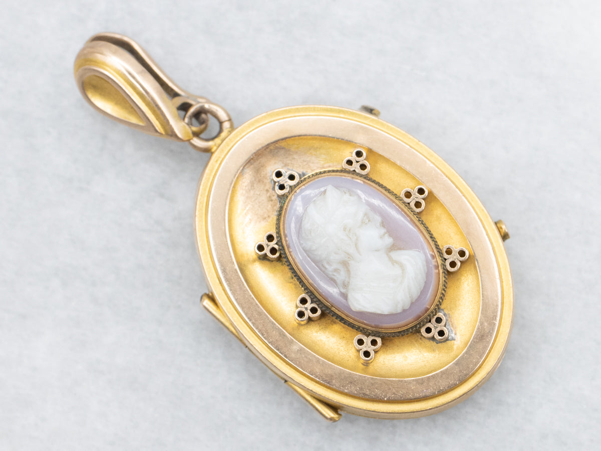 Antique Bloomed Gold Sardonyx Cameo Etruscan Revival Locket