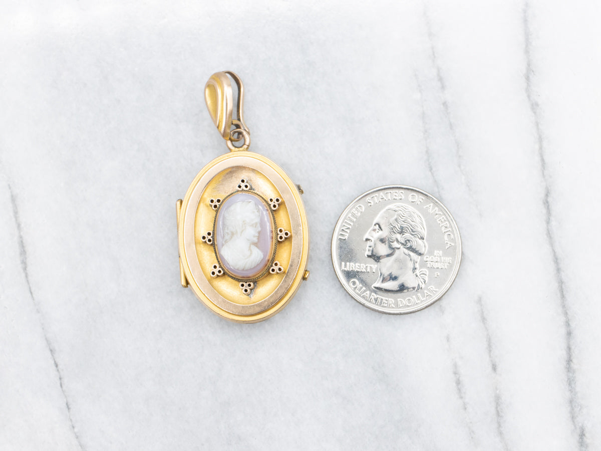 Antique Bloomed Gold Sardonyx Cameo Etruscan Revival Locket