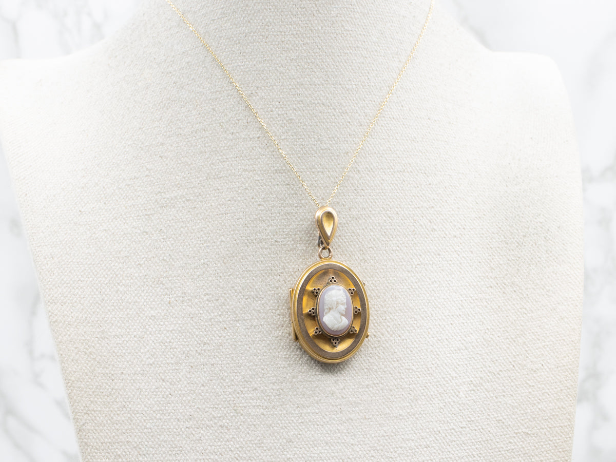 Antique Bloomed Gold Sardonyx Cameo Etruscan Revival Locket