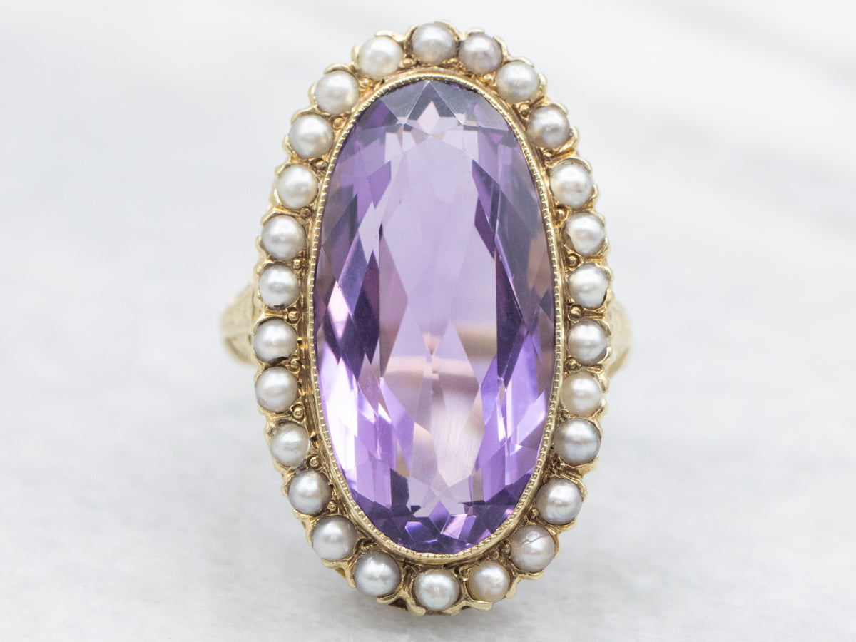 Antique Amethyst and Seed Pearl Gold Filigree Halo Ring