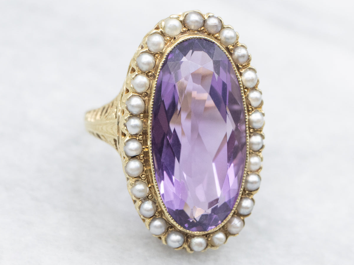 Antique Amethyst and Seed Pearl Gold Filigree Halo Ring