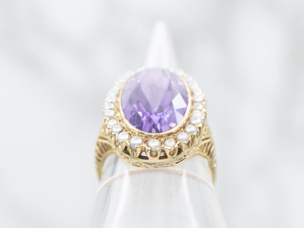 Antique Amethyst and Seed Pearl Gold Filigree Halo Ring