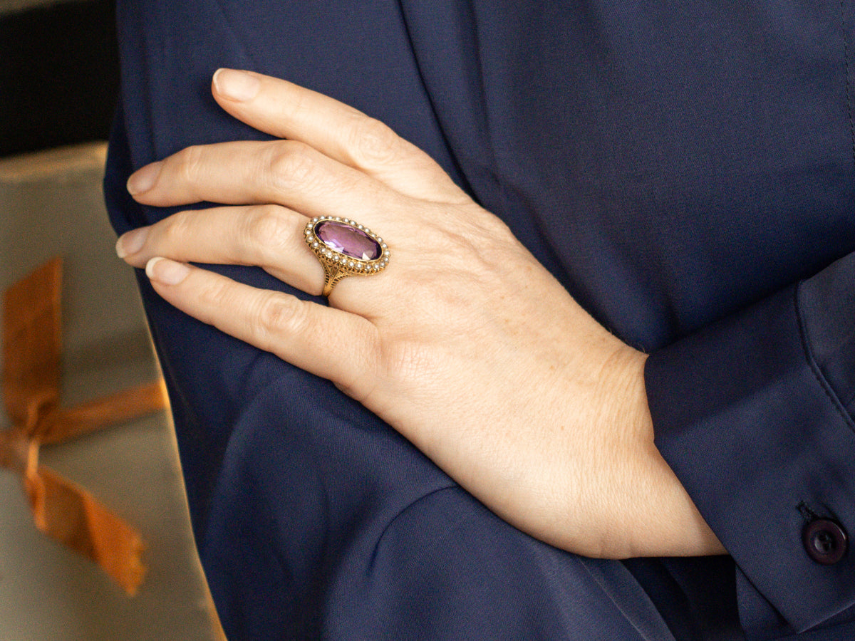 Antique Amethyst and Seed Pearl Gold Filigree Halo Ring