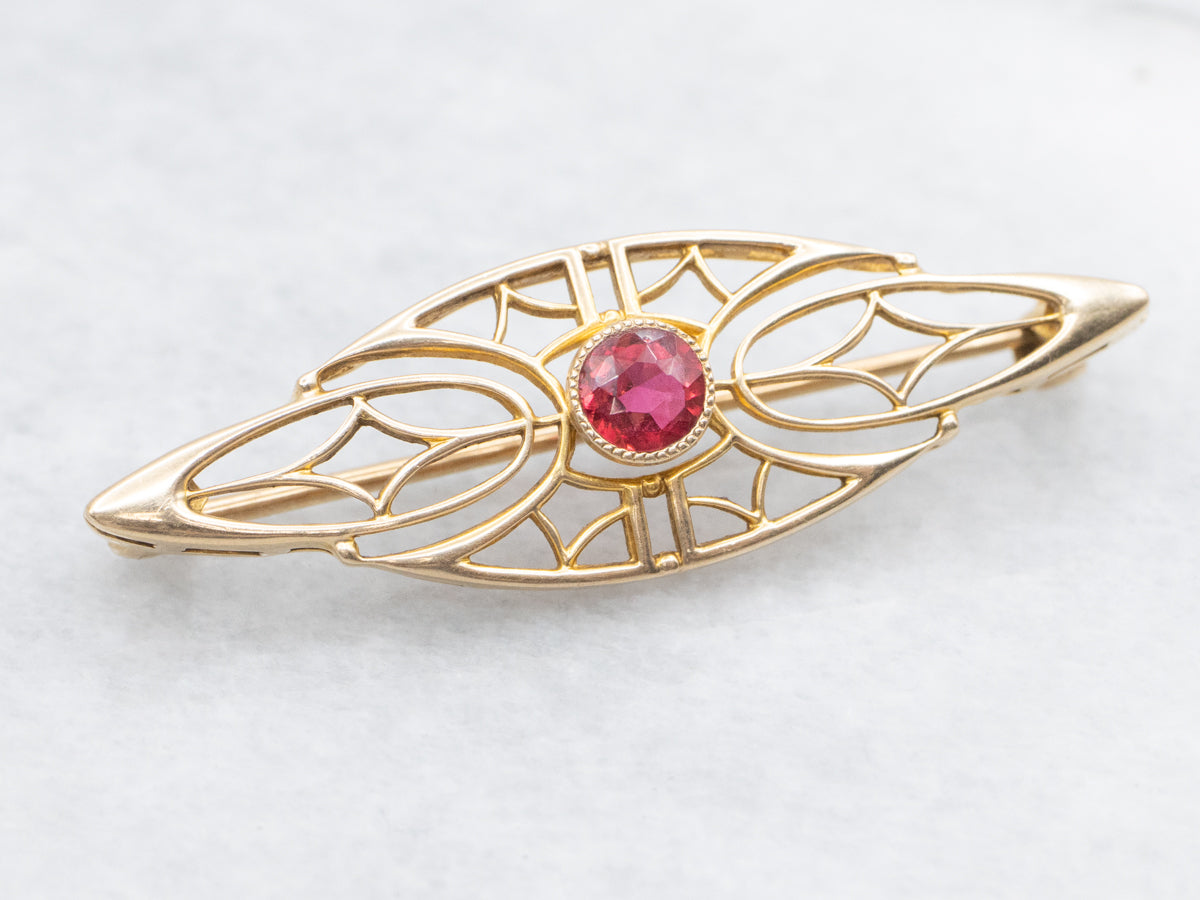 Antique Gold Ruby Doublet Filigree Brooch