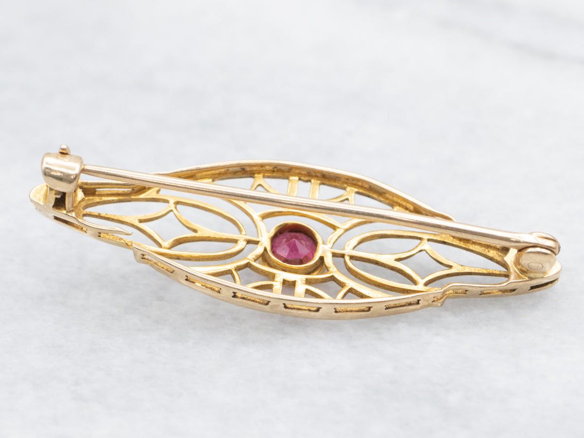 Antique Gold Ruby Doublet Filigree Brooch