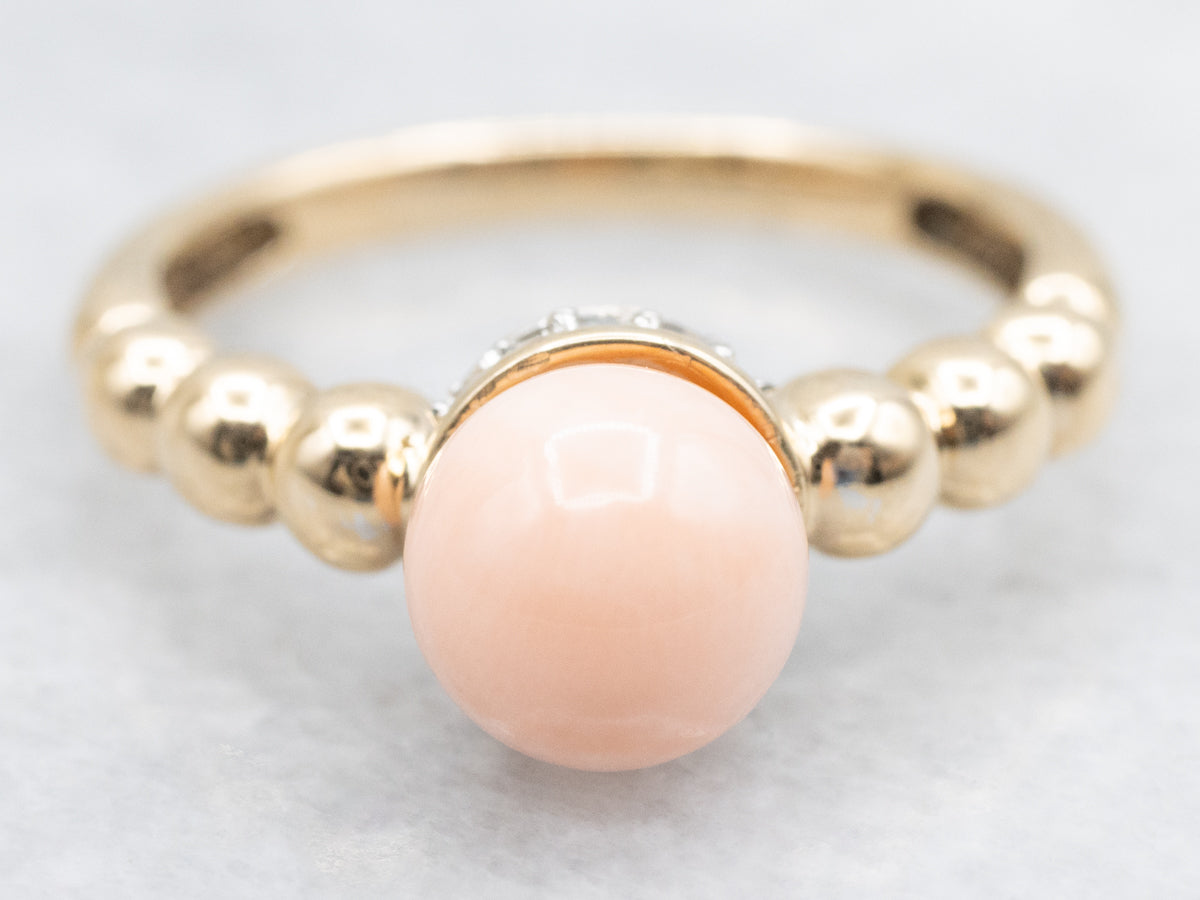 Bubbled Gold Pink Coral and Diamond Ring