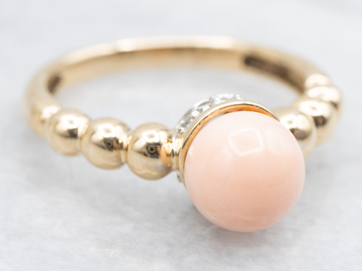 Bubbled Gold Pink Coral and Diamond Ring