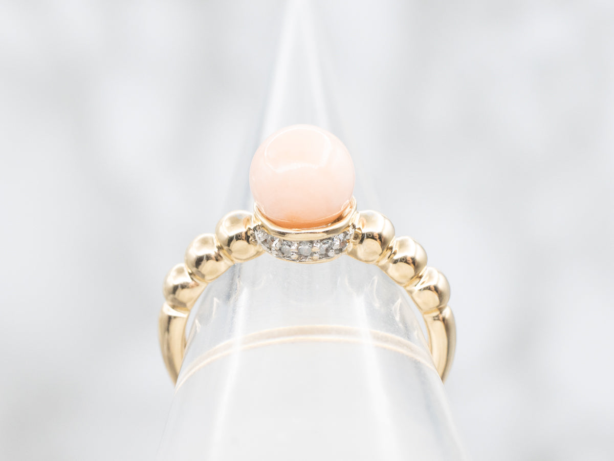 Bubbled Gold Pink Coral and Diamond Ring