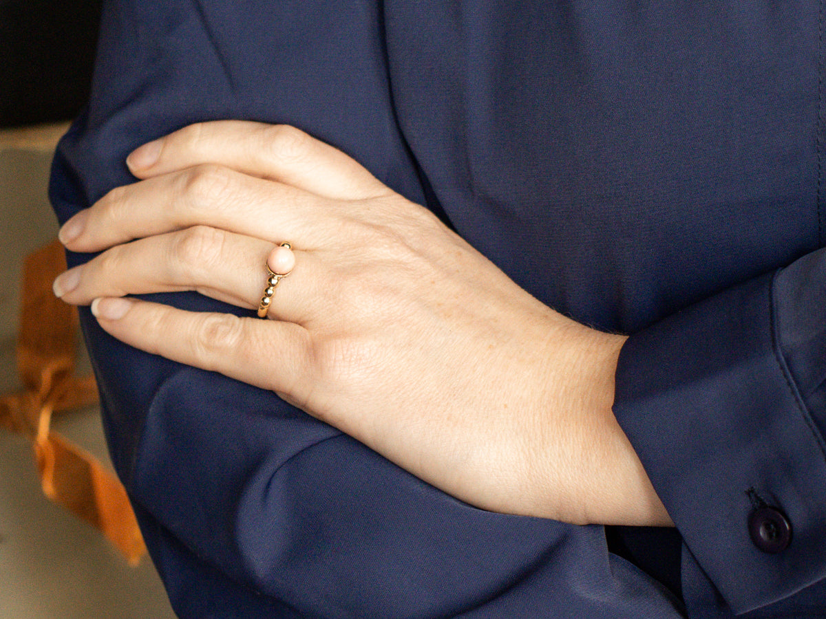 Bubbled Gold Pink Coral and Diamond Ring